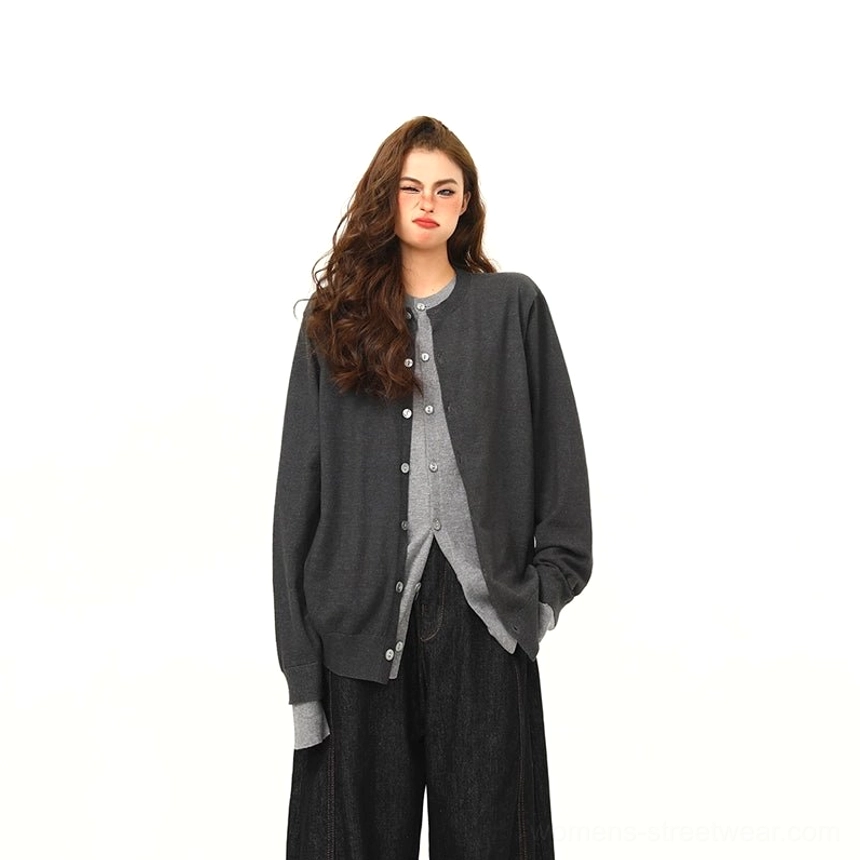 Women’s two-tone gray asymmetric layered button cardigan in an oversized Korean streetwear silhouette