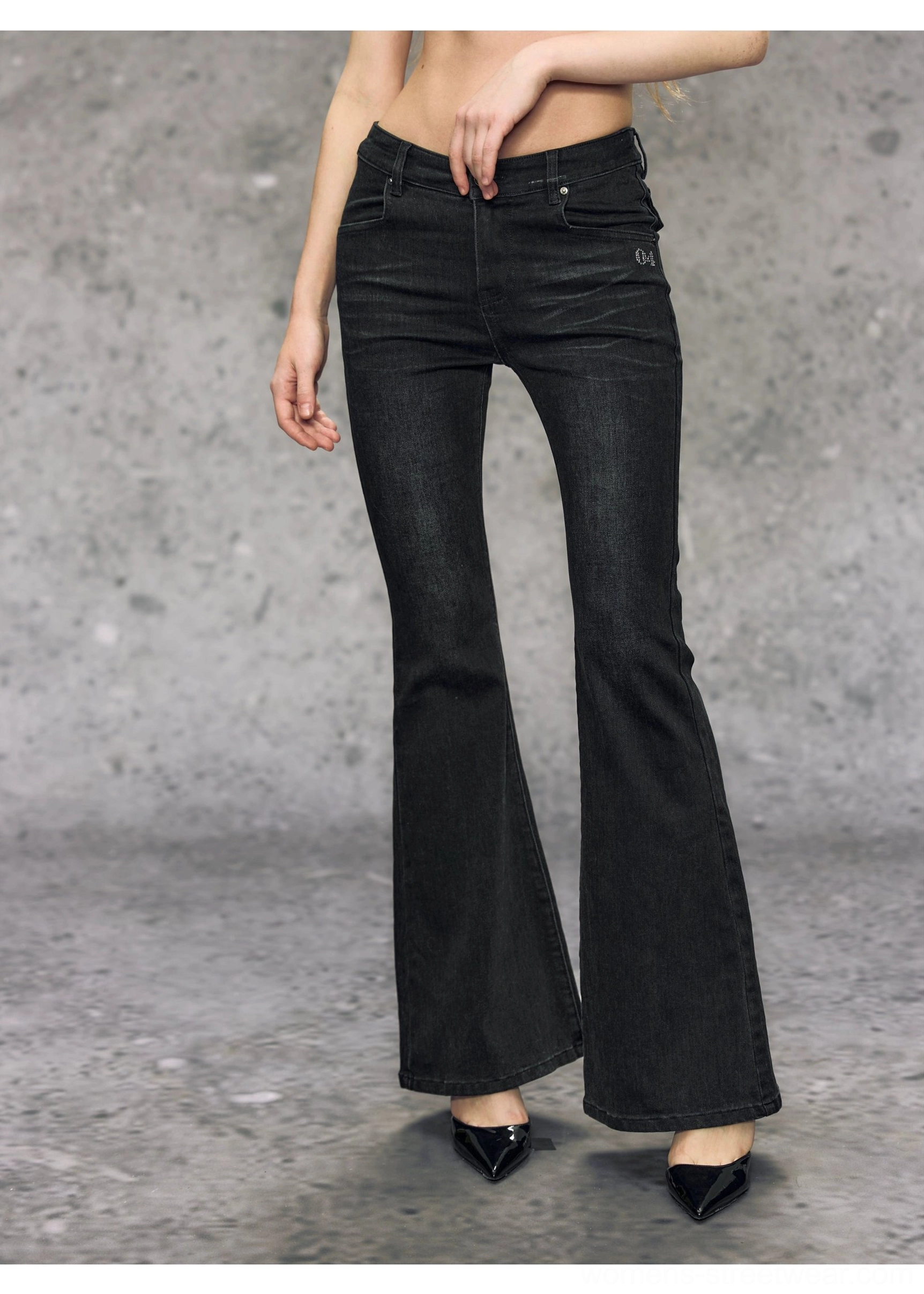 Gray black high-waisted micro flare jeans rear full view showing clean denim pockets and a polished flared hemline