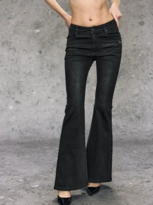 Gray black high-waisted micro flare jeans front close-up showing classic denim pockets, fitted waist, and clean flared hems