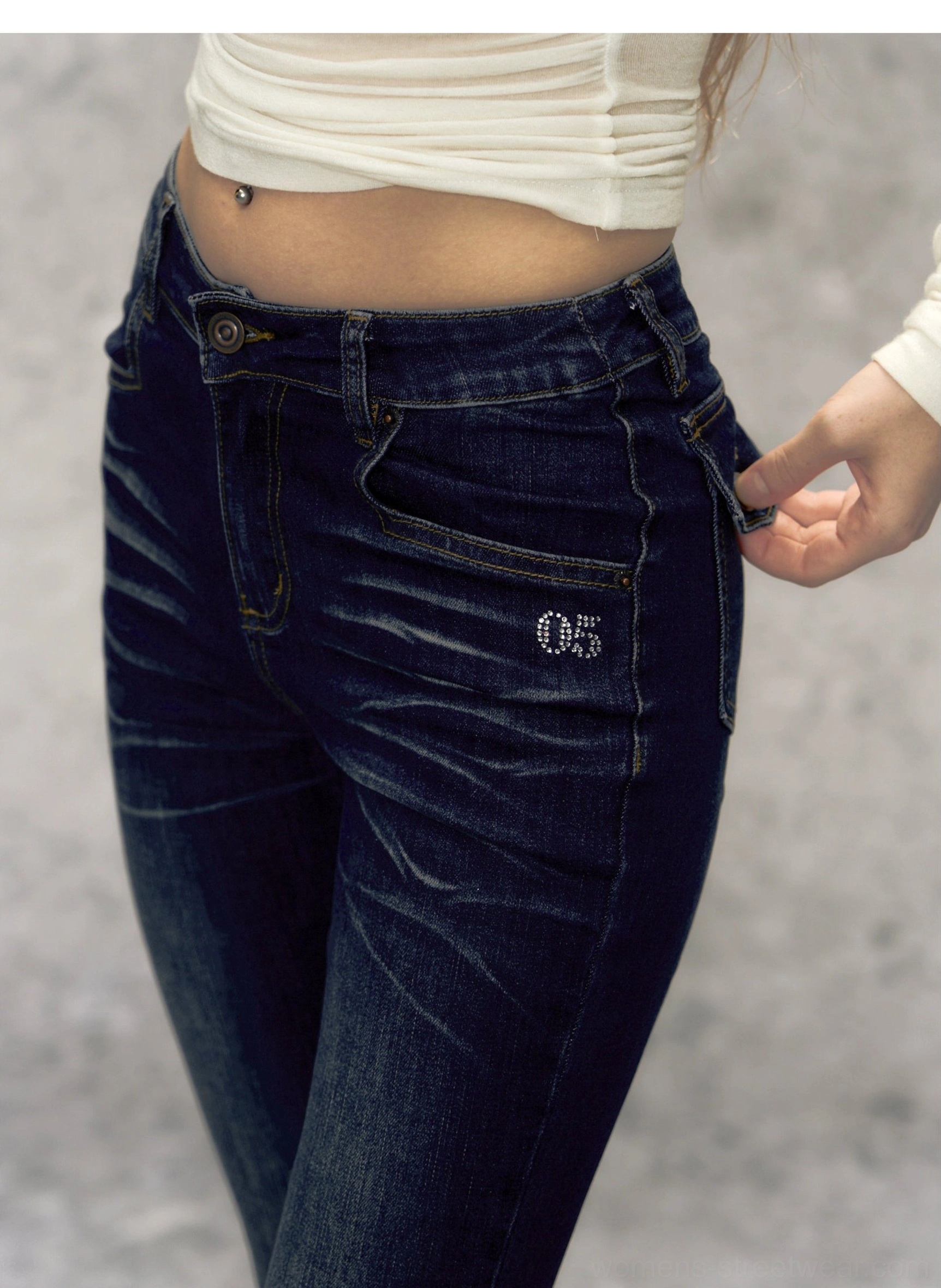 Two-tone high-waisted micro flare jeans fashion styling image for Y2K Seoul streetwear and Acubi-inspired outfits