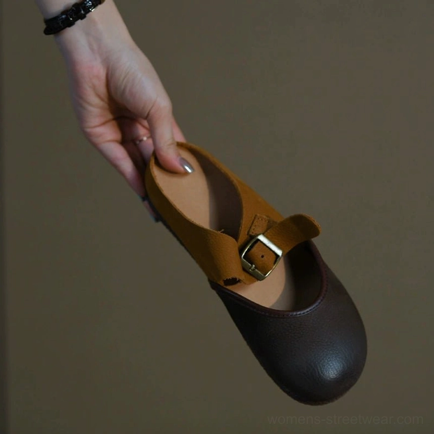 Color block two-tone leather Mary Jane flats with brown upper tan strap and metal buckle