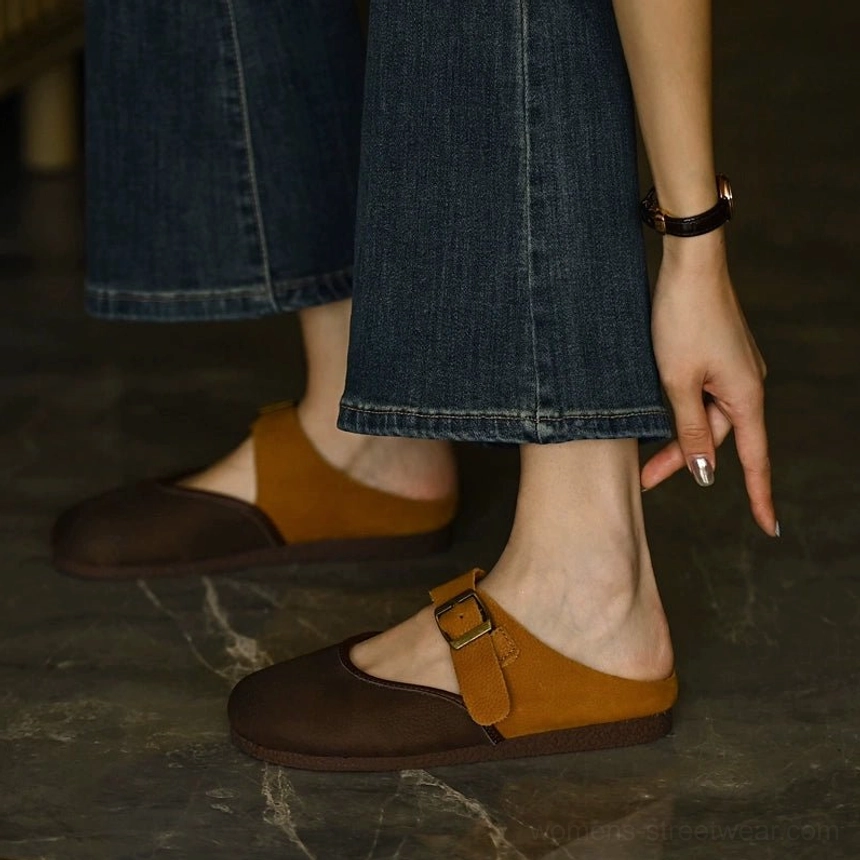 Dark brown and tan leather Mary Jane flats product view for Korean streetwear styling