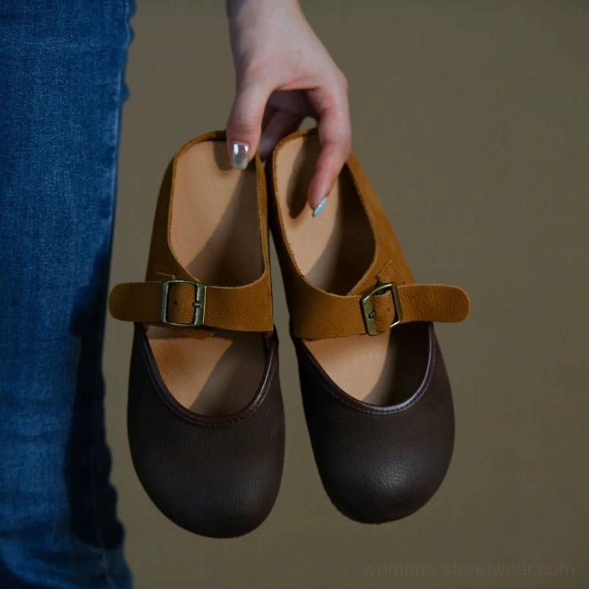Leather Mary Jane flats in two-tone brown color block for preppy streetwear outfits