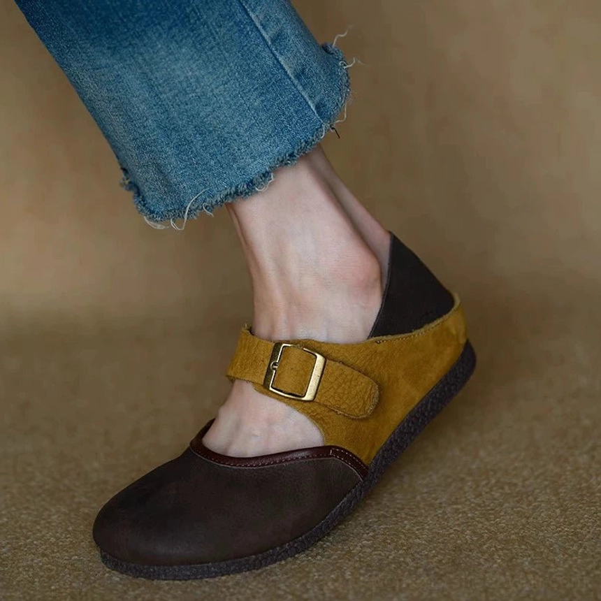 Yellow Mary Jane shoes with heel option and adjustable buckle strap product view