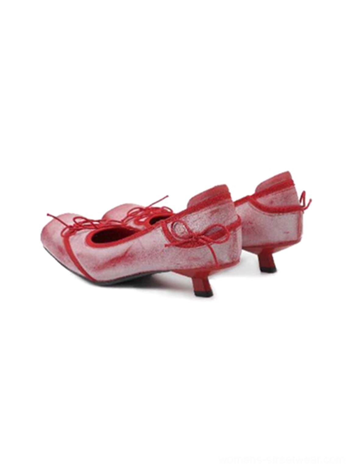 Side three-quarter view of two-tone washed red and off-white mesh ballet flats with rear ankle bow straps
