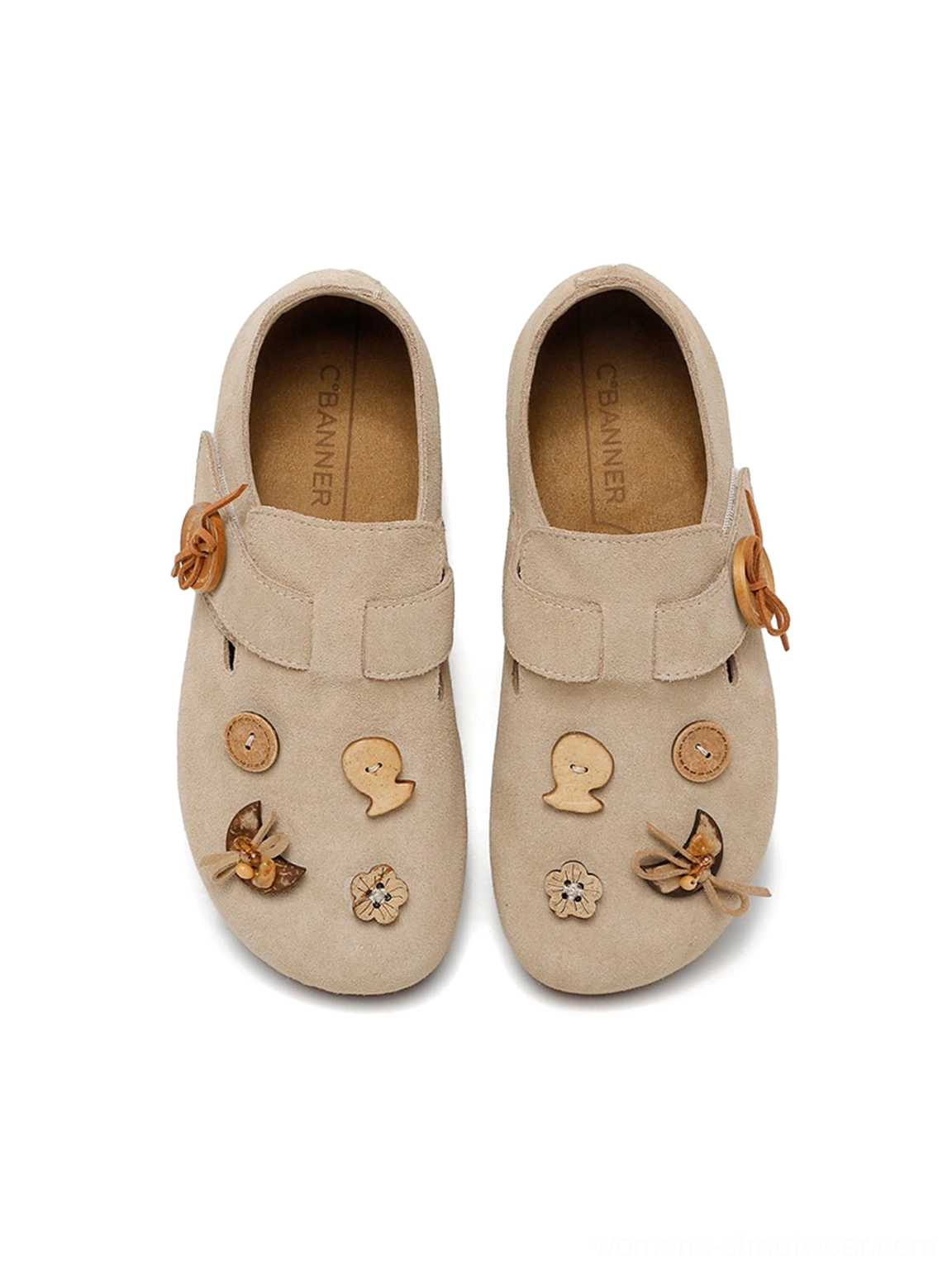 Two-way decorative suede-look slip-on shoes displayed side by side showing the foldable heel and button strap details