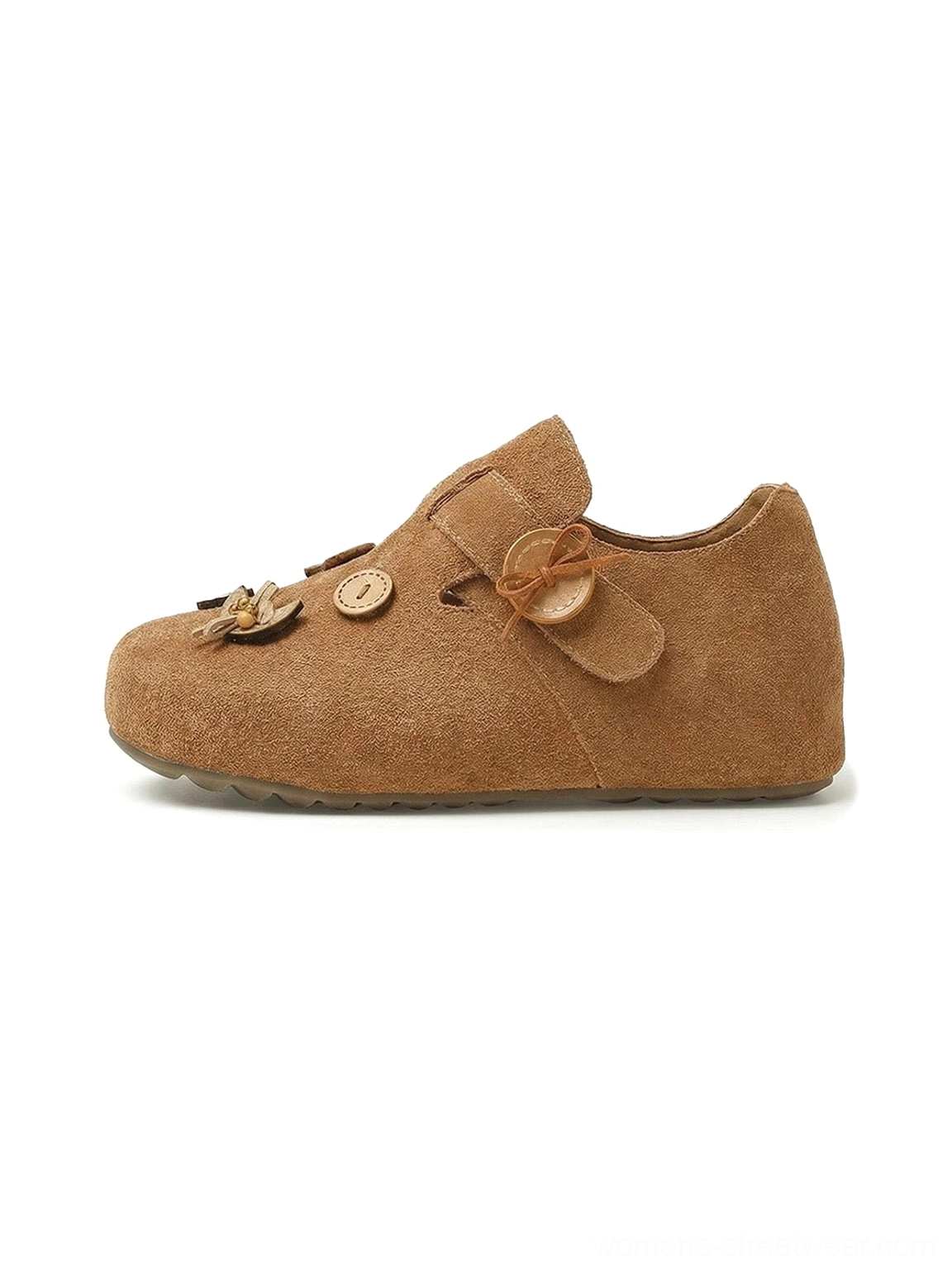 Two-wear suede-look loafers with decorative straps and buttons for casual Korean-inspired fashion