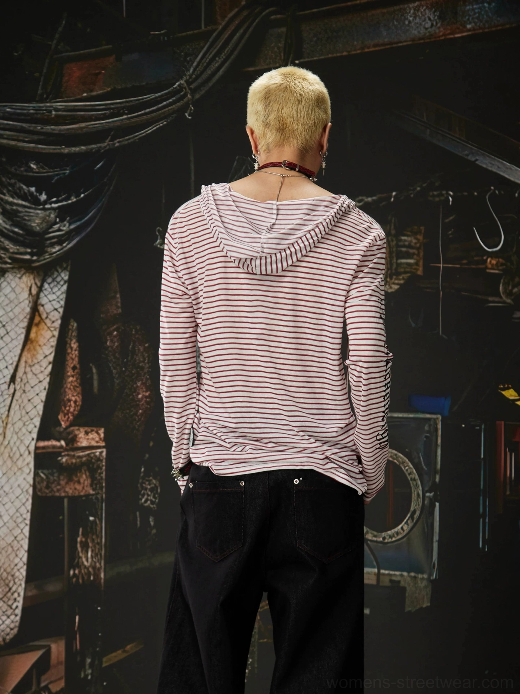 Unchained script inspired striped hooded long sleeve top with alternative Korean streetwear styling and gothic graphic accents