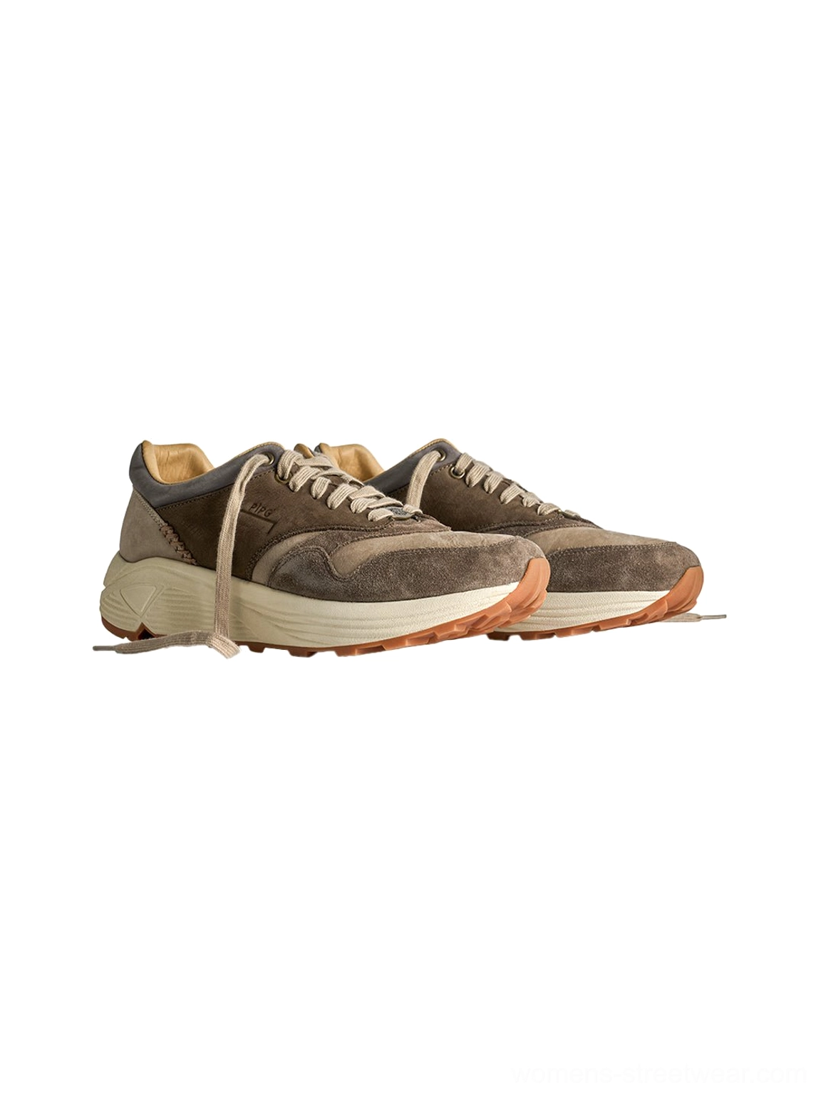 Unisex brown retro running sneakers with layered suede upper and off white molded midsole