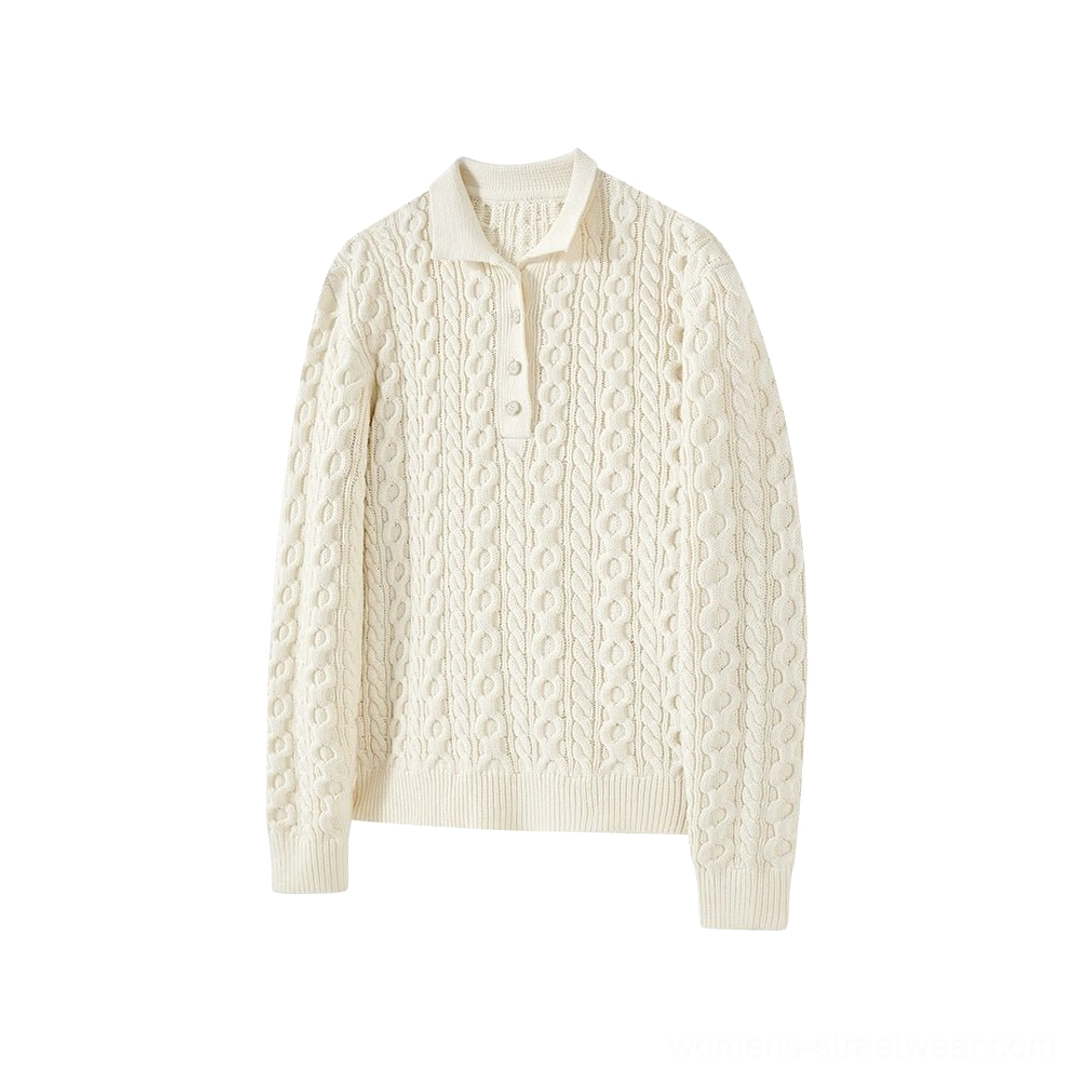 Beige apricot cable knit polo collar sweater color option with textured knit and relaxed silhouette