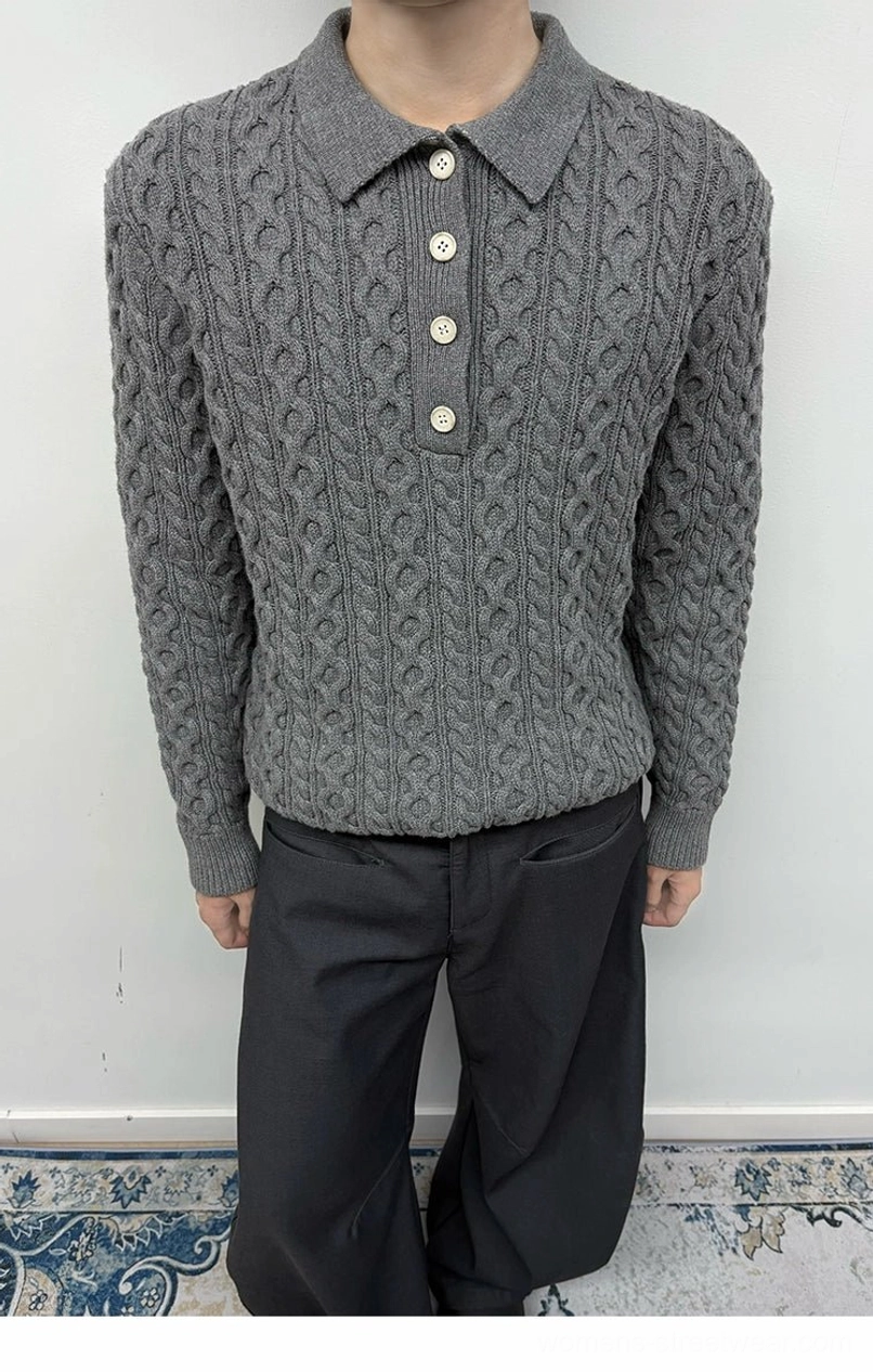 Unisex cable knit polo collar sweater with relaxed boxy fit for Korean streetwear layering