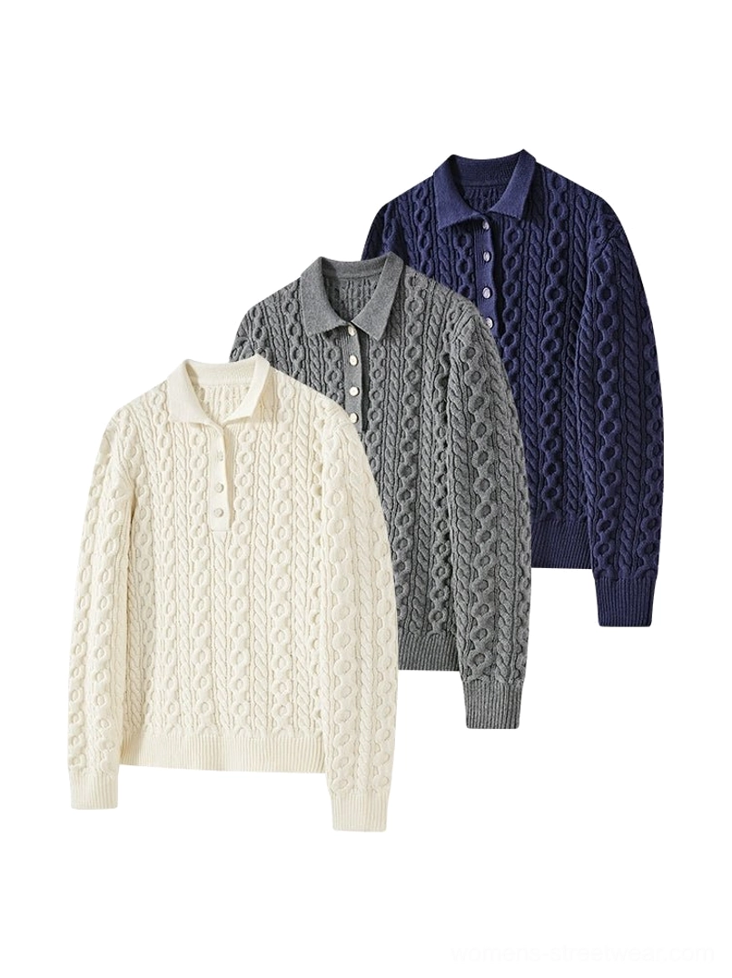 Cable knit polo collar sweater flat lay showing cream gray and navy blue color options