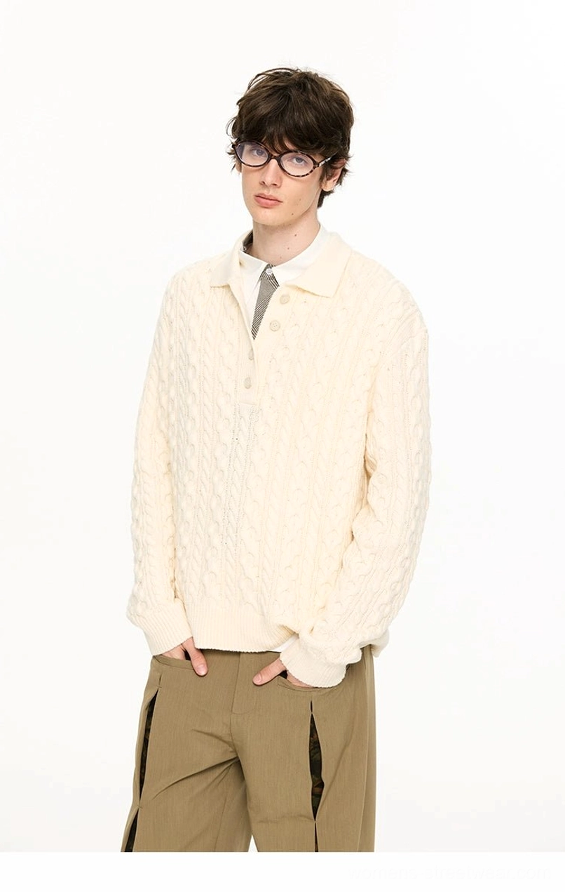 Cream cable knit polo collar sweater worn with khaki wide leg trousers in a minimalist Korean style outfit