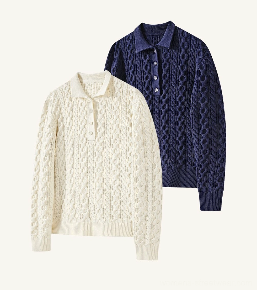Cream and navy blue cable knit polo collar sweaters displayed flat with textured knit and button placket