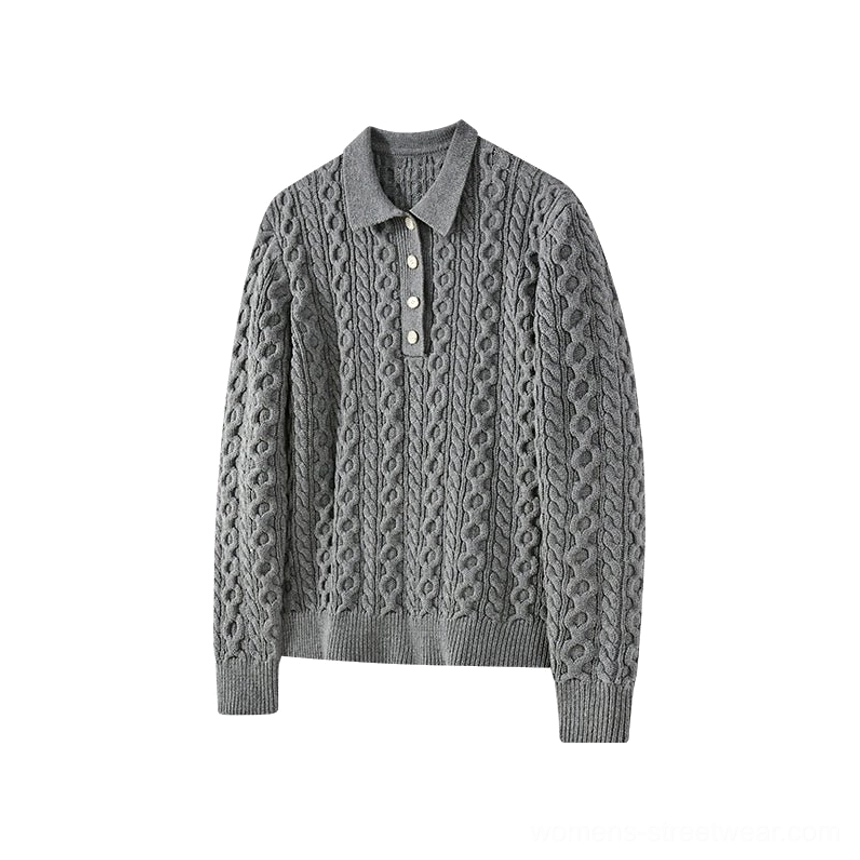 Gray cable knit polo collar sweater color option for relaxed collegiate Korean streetwear outfits
