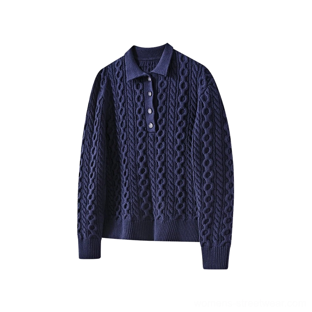 Navy blue cable knit polo collar sweater color option with classic collar and button placket