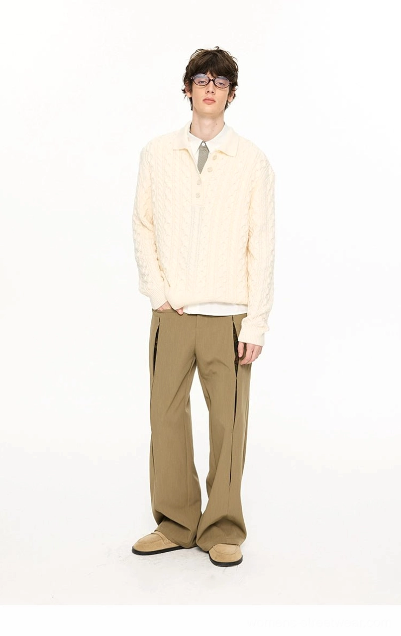 Unisex cable knit polo collar sweater showing relaxed streetwear silhouette and textured cotton blend knit