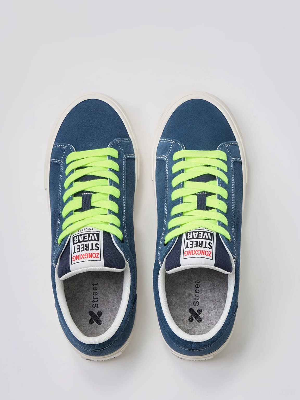 Unisex neon lace platform canvas sneakers with textured suede uppers, graphic tongue patches, and retro streetwear styling
