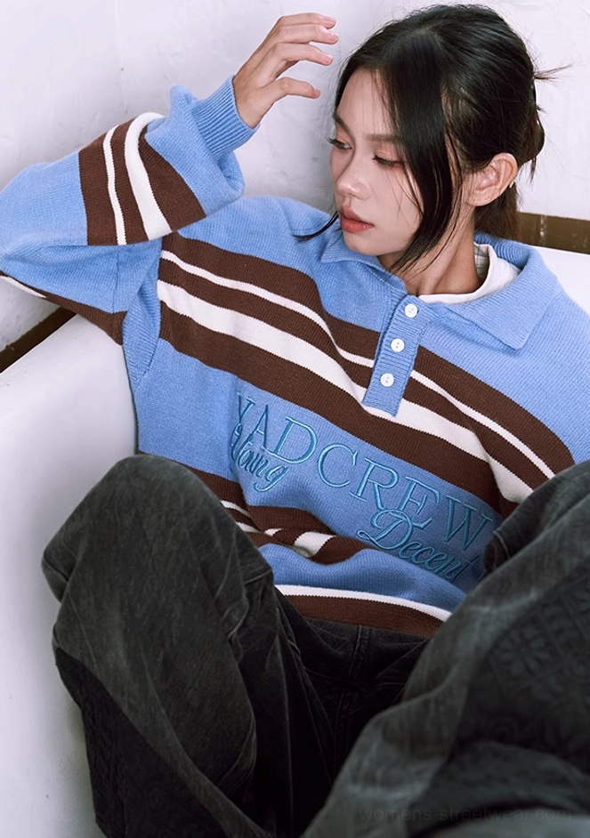 Unisex oversized blue striped embroidered polo collar knit sweater styling image