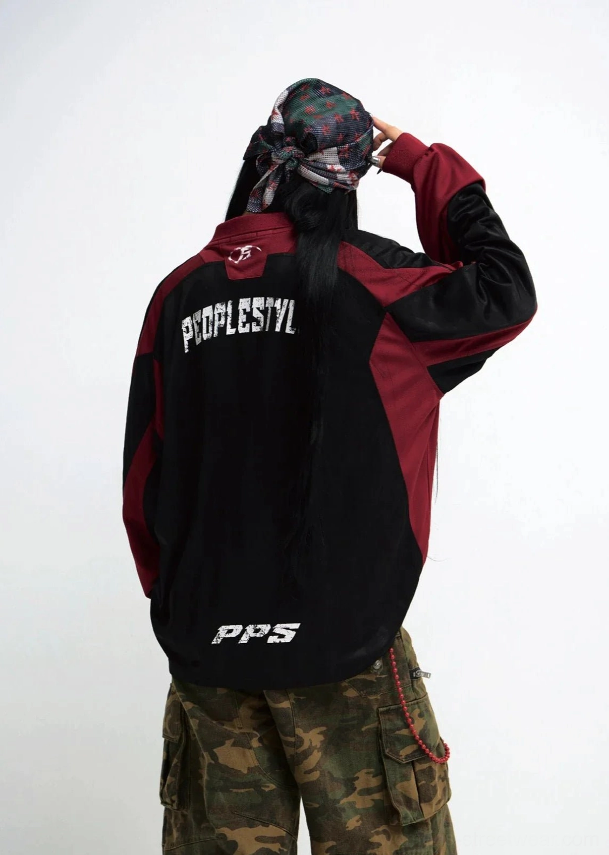 Back view of unisex racing team color block streetwear sweatshirt with large graphic text print and wine red panels