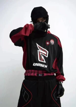 Unisex racing team color block streetwear sweatshirt in black and wine red worn by male model front three quarter view