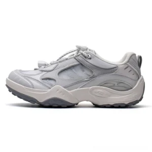 Light grey unisex toggle mesh techwear runner sneaker shown in left side studio view with layered textile panels and chunky rubber sole
