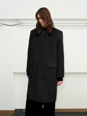 Black stand collar wool blend long overcoat full front view with button closure and tailored streetwear silhouette