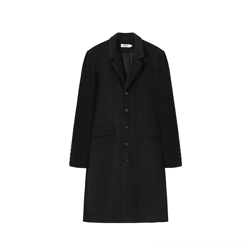 Black unisex velvet trim stand collar wool blend long overcoat full streetwear outerwear view