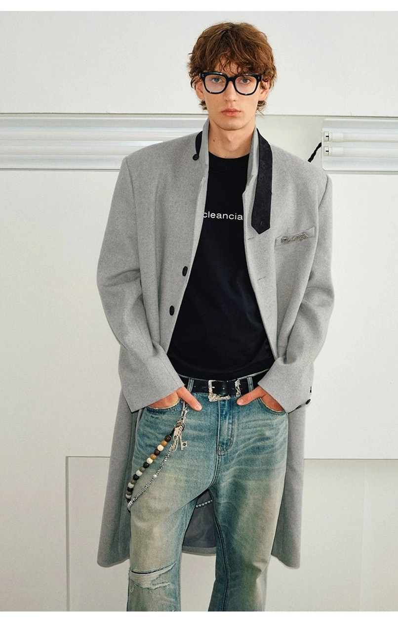 Unisex velvet trim stand collar wool blend long overcoat button front tailored outerwear view