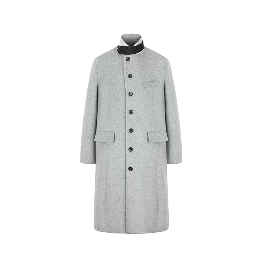 Cloud Lime unisex velvet trim stand collar wool blend long overcoat full modern streetwear outerwear view