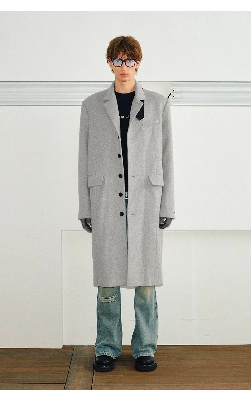 Unisex velvet trim stand collar wool blend long overcoat structured longline outerwear detail