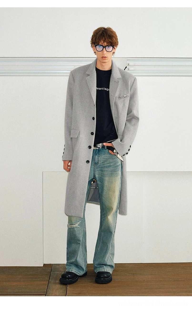 Unisex velvet trim stand collar wool blend long overcoat winter Seoul fashion styling view
