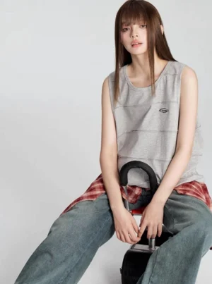 Heather gray oversized striped sleeveless streetwear tank top back view with relaxed hip hop fit