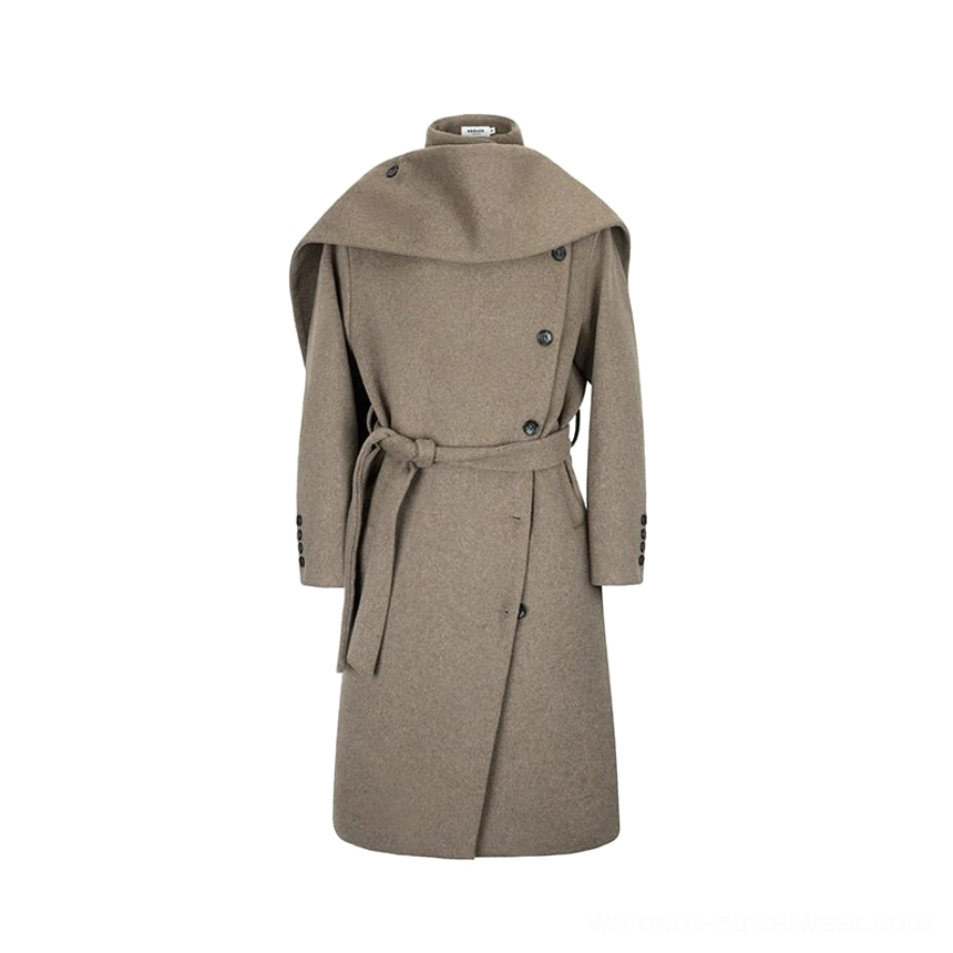 Brown unisex wool blend cape collar belted long overcoat color and fabric detail view