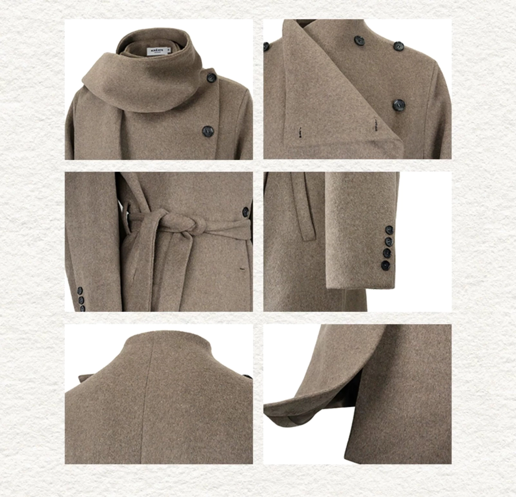 Brown wool blend cape collar belted overcoat detail views of buttons belt cuffs collar and fabric texture