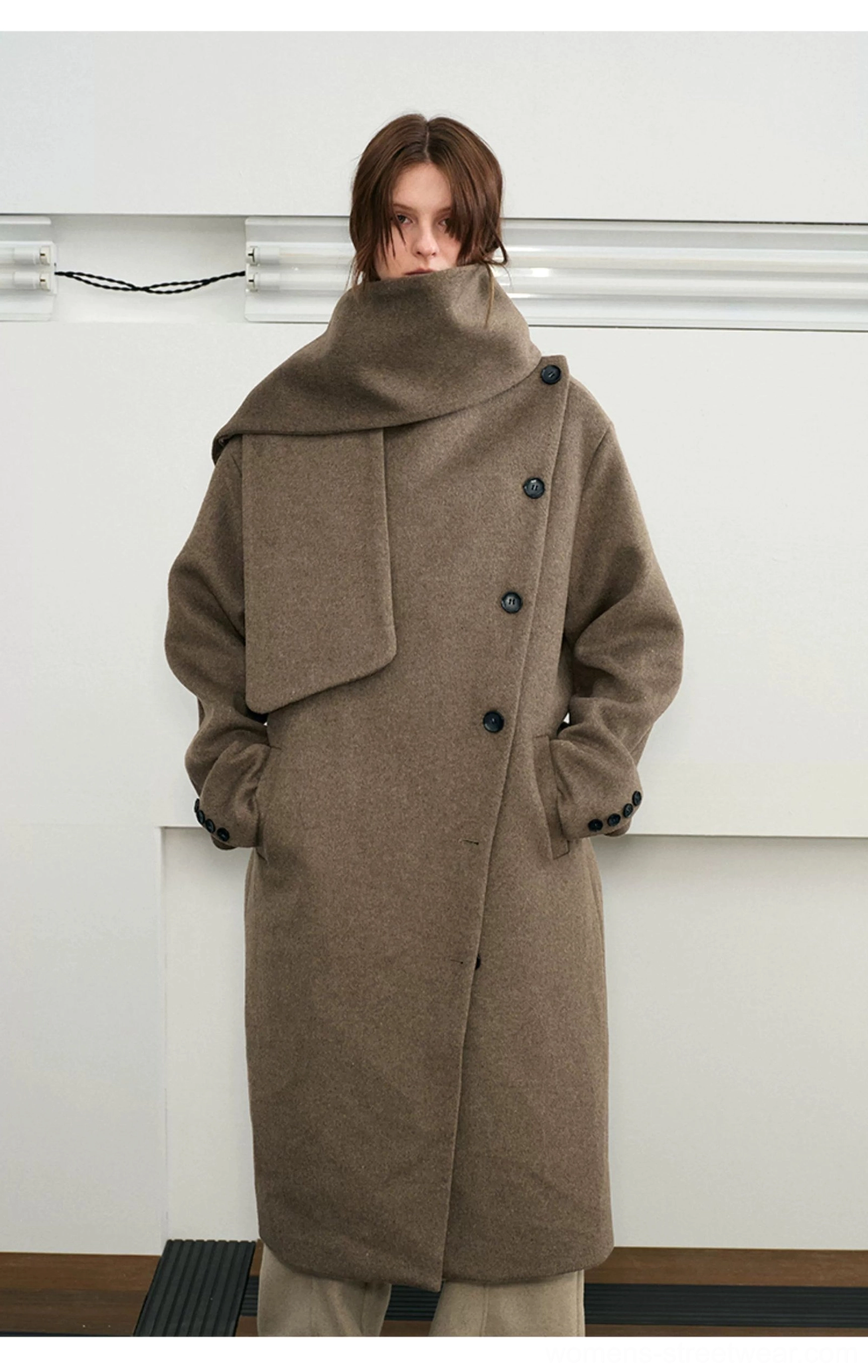 Brown unisex wool blend long overcoat with draped cape collar and relaxed oversized fit