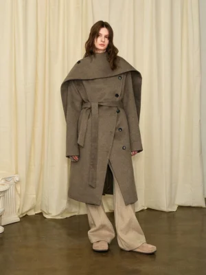 Brown unisex wool blend cape collar belted long overcoat front full body streetwear styling