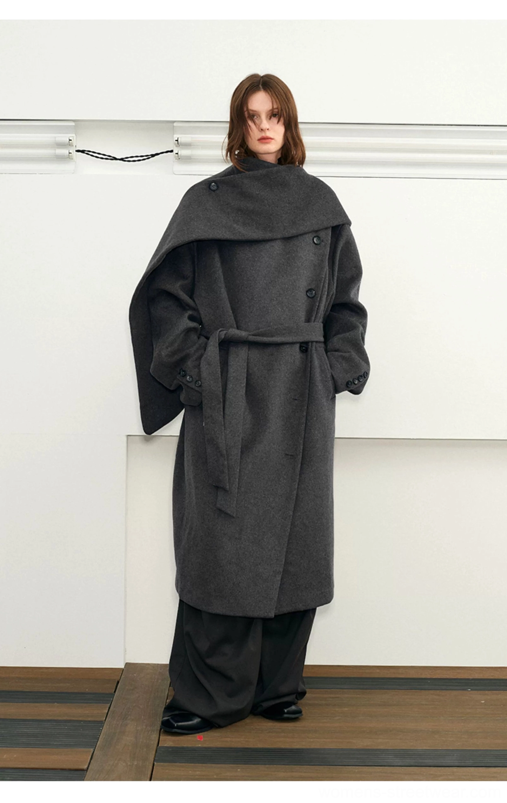 Gray-blue unisex belted wool blend cape collar long overcoat front full body view