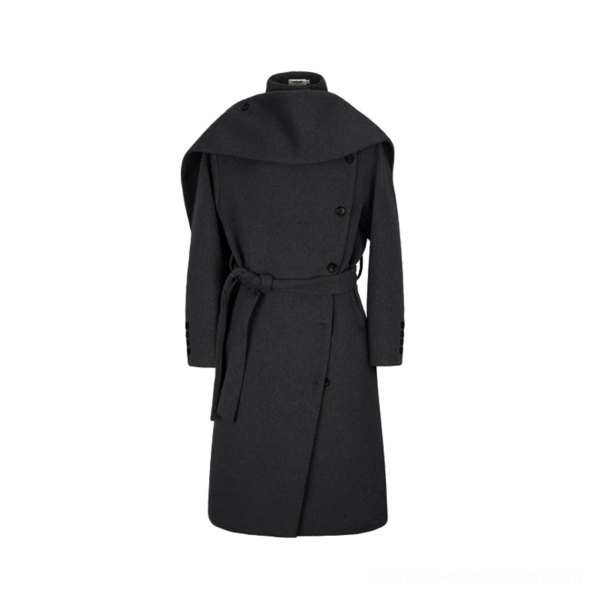 Gray-blue unisex wool blend cape collar belted long overcoat color and silhouette view