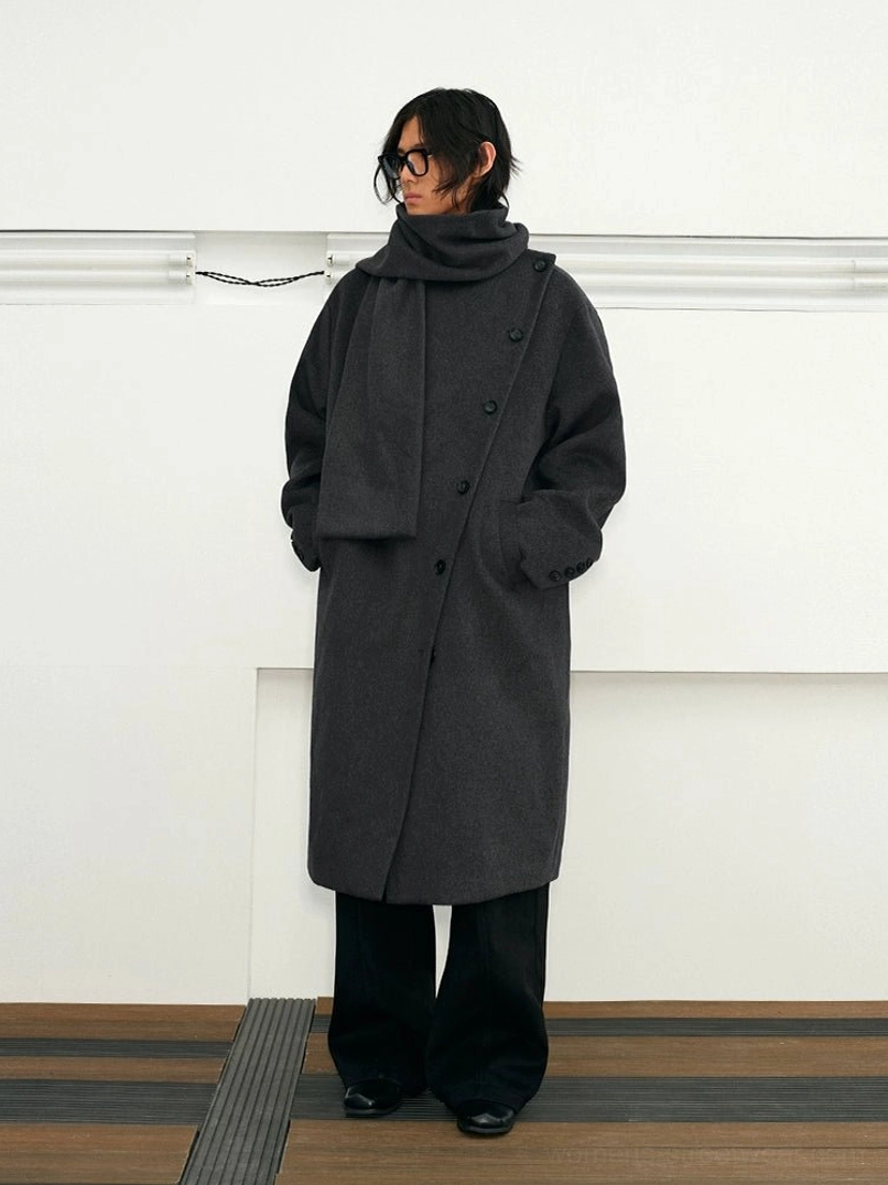 Gray-blue unisex wool blend cape collar long overcoat worn with black wide-leg trousers