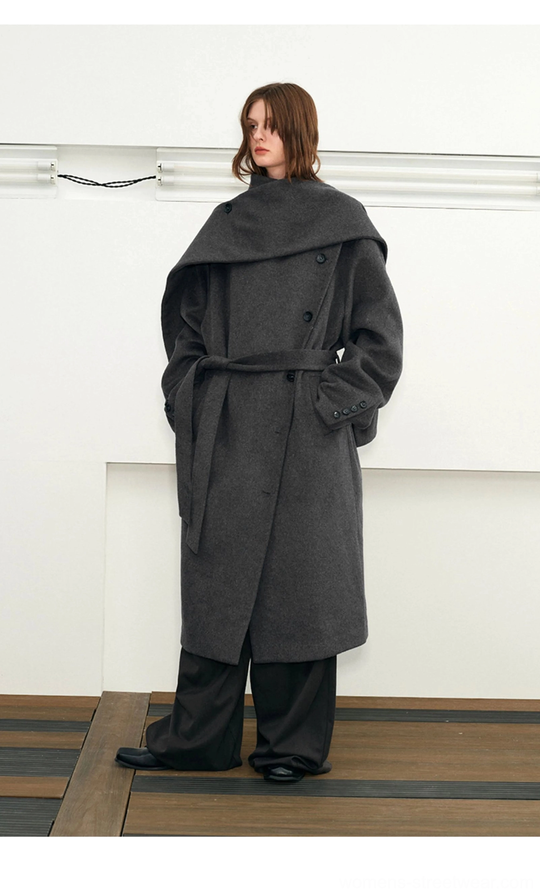 Unisex wool blend cape collar belted long overcoat oversized tailored outerwear view