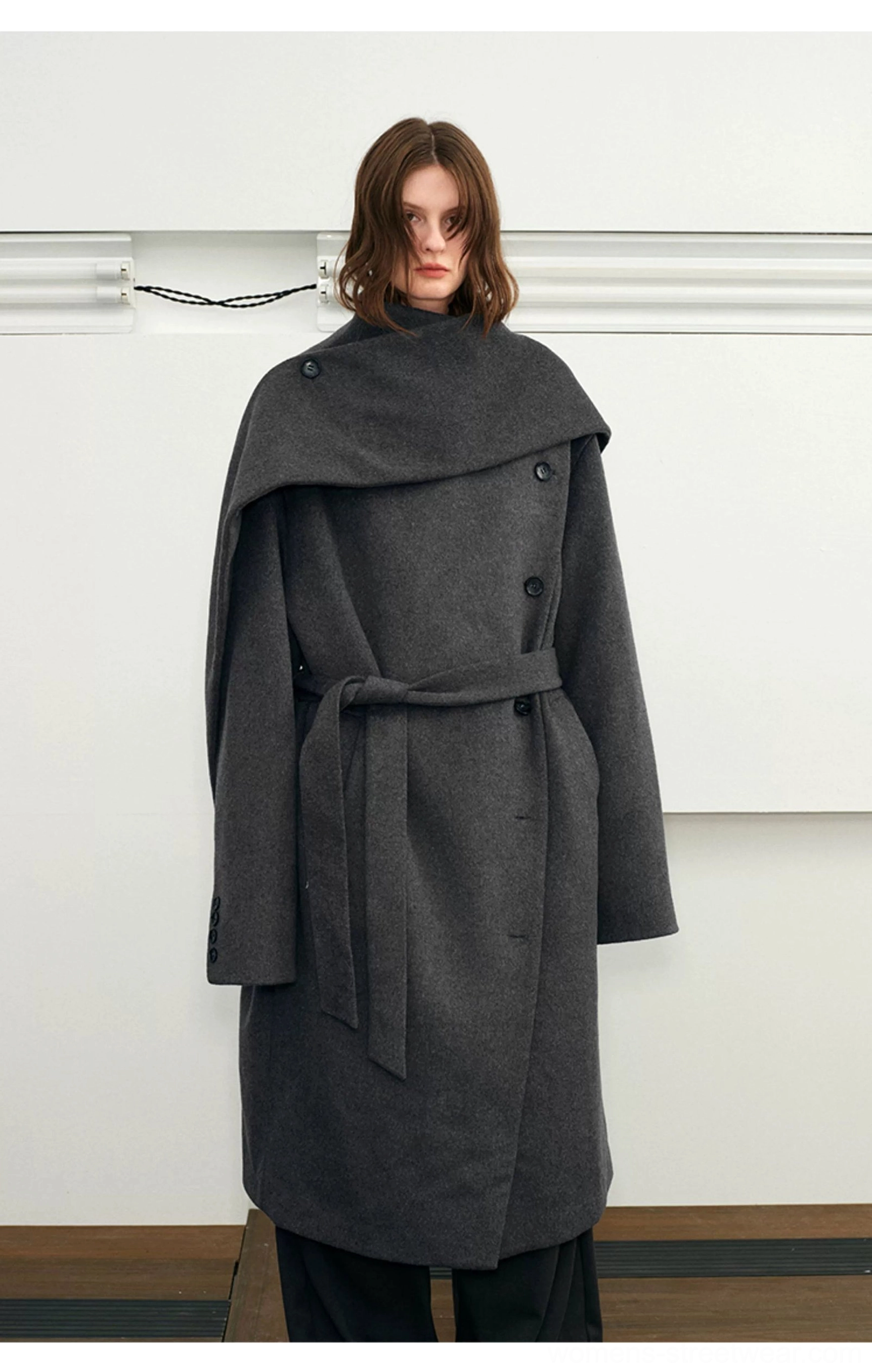 Unisex wool blend cape collar belted long overcoat premium winter streetwear design detail