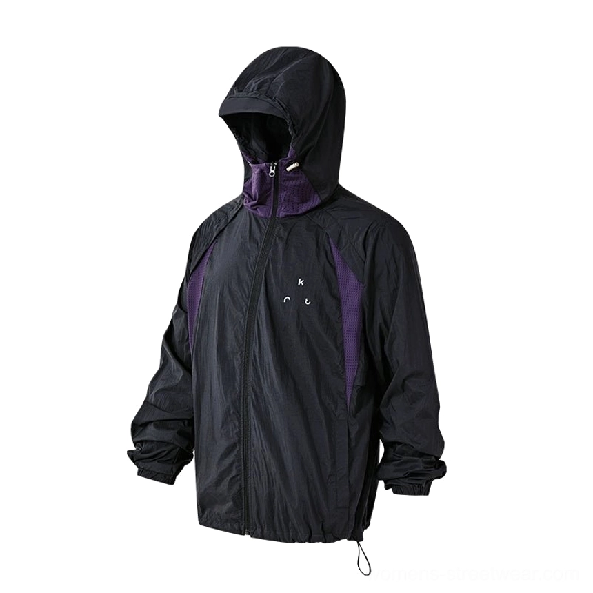 Black UPF 50 lightweight hooded sun protection techwear jacket with three-proof technology fabric product view