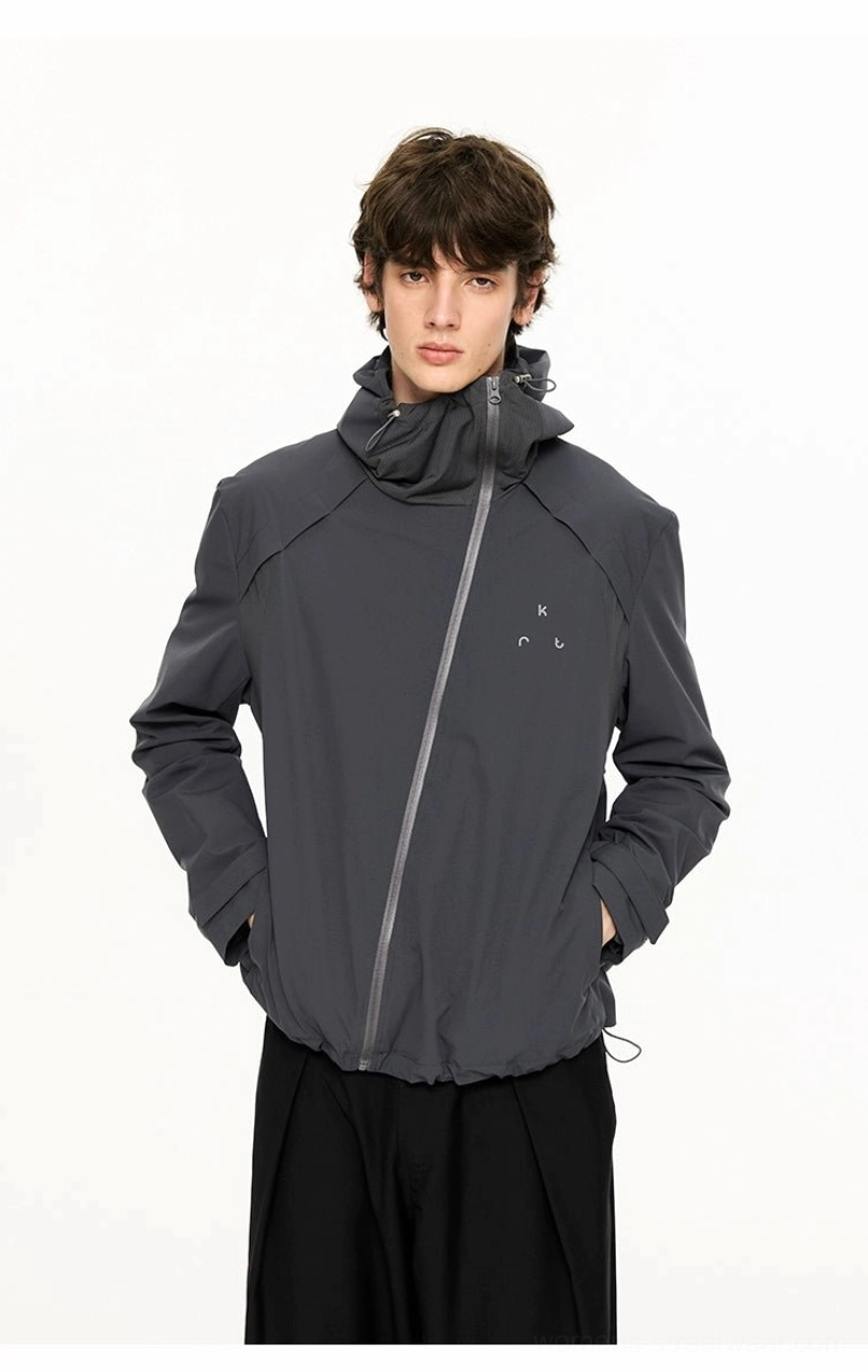 Lightweight sun protection techwear jacket close-up showing hood drawcord and custom metal hardware