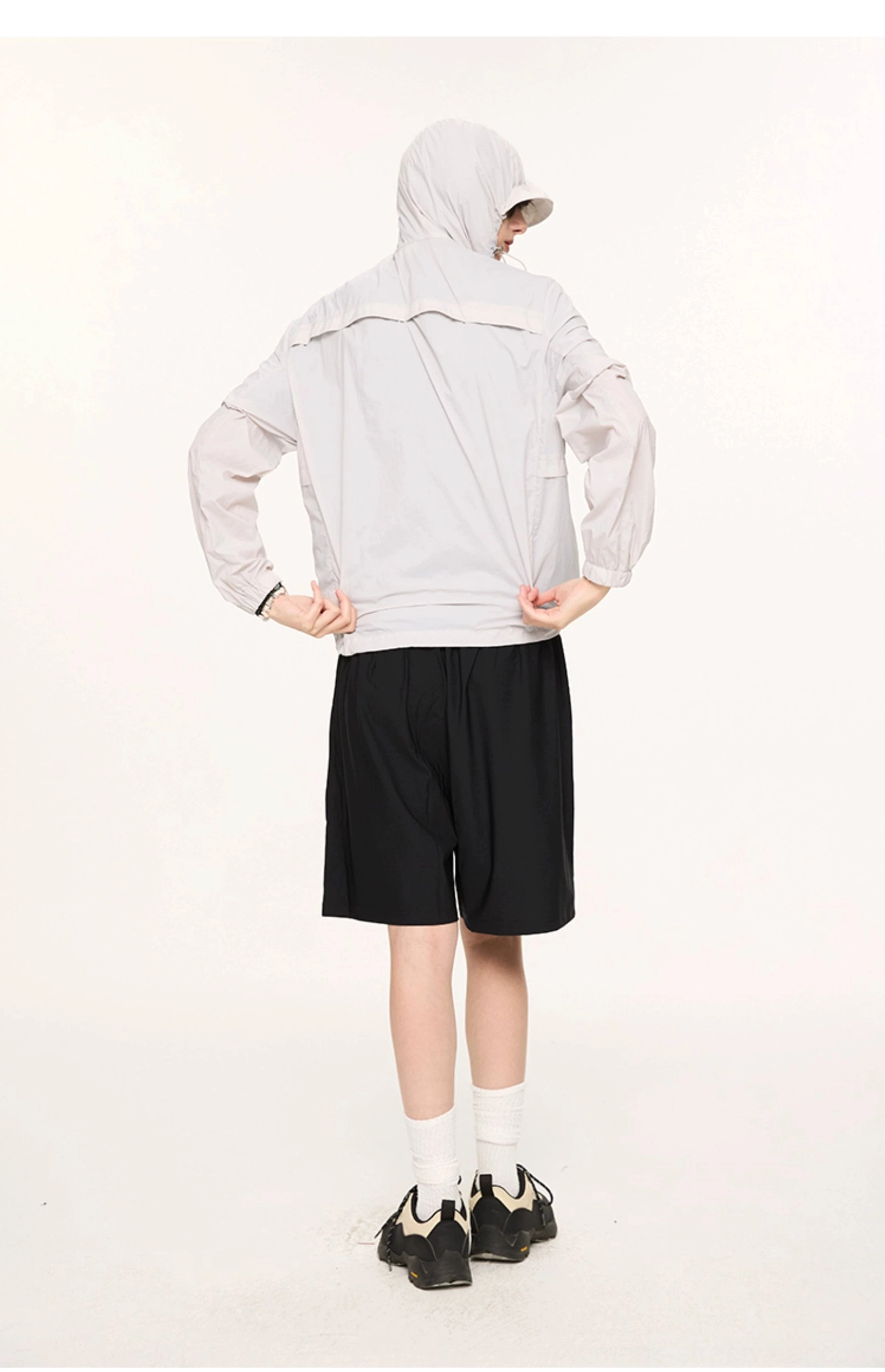 UPF 50 lightweight sun protection hooded techwear jacket detailed product view for urban outdoor layering