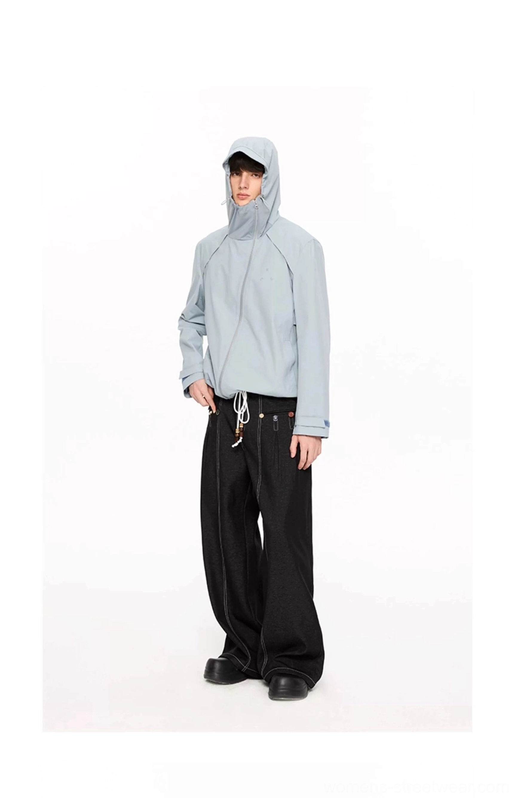 UPF 50 sun protection hooded techwear jacket product view with relaxed unisex outdoor streetwear fit
