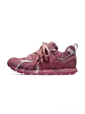 Burgundy urban camo runner sneaker left side profile with woven fabric upper contrast trims lace-up front and heel pull tab