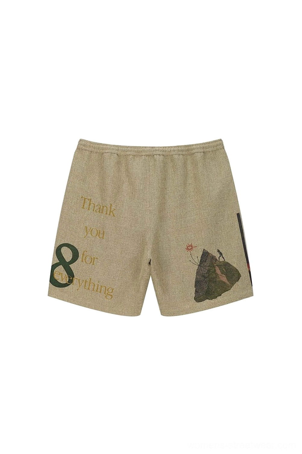 Urban Forest graphic sweat shorts close-up product view with mountain inspired number 8 artwork