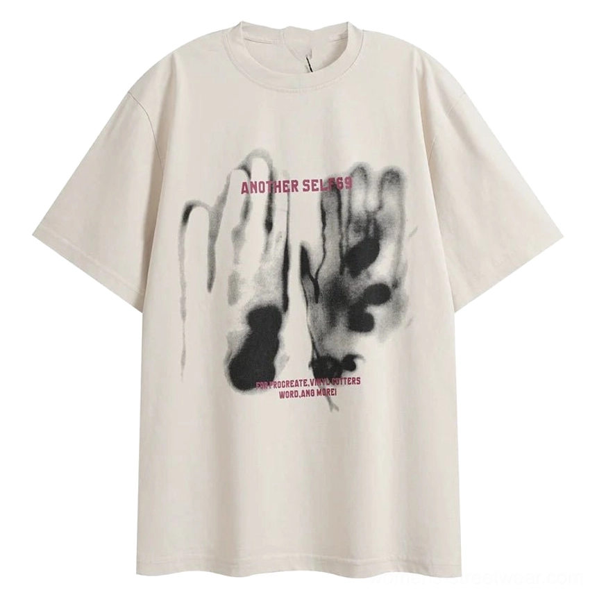 Urban oversized selfie graphic T-shirt with bold hand print and statement lettering for Korean street fashion inspired outfits