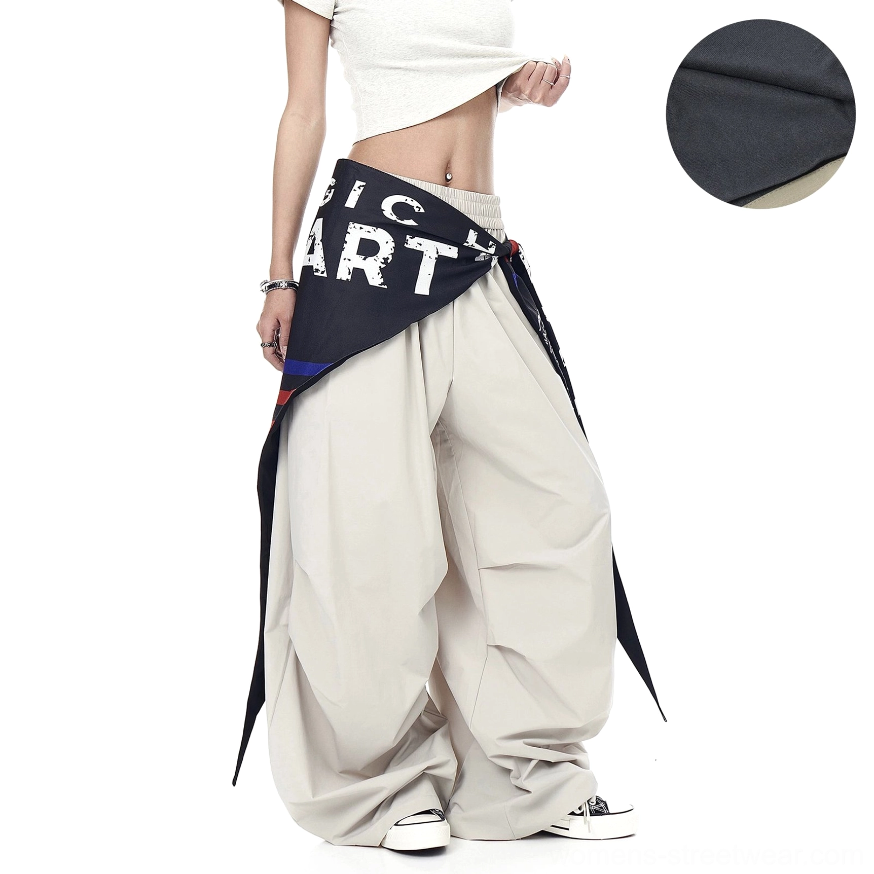 Khaki fleece-lined varsity scarf parachute cargo pants with an oversized wide-leg silhouette and detachable printed scarf accessory